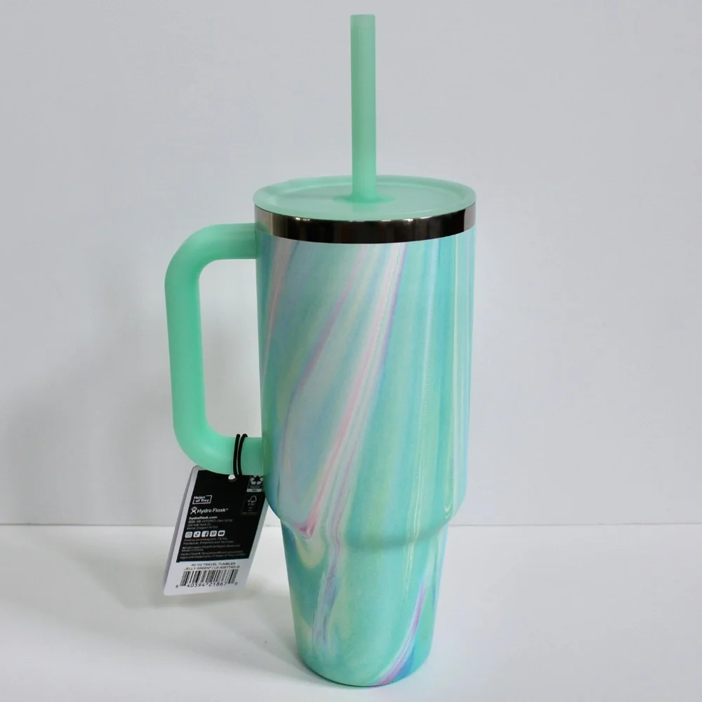 Hydro Flask Jelly Green Swirl Stainless Steel Travel Tumbler 40oz Straw & Handle